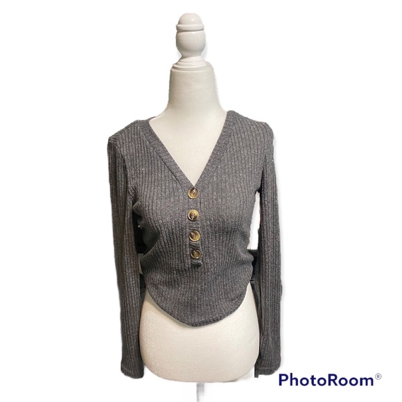 grey soft long sleeve ribbed sweater top - Picture 1 of 3